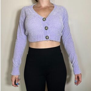 Urban Outfitters Purple Fuzzy Cropped Sweater Large Buttons Size Small